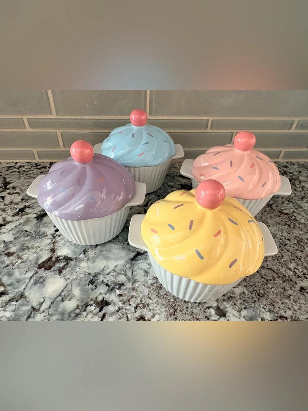 Pastel Cupcake Ceramic Serving Bowls with Lids - Yellow, Pink, Blue, Lavender